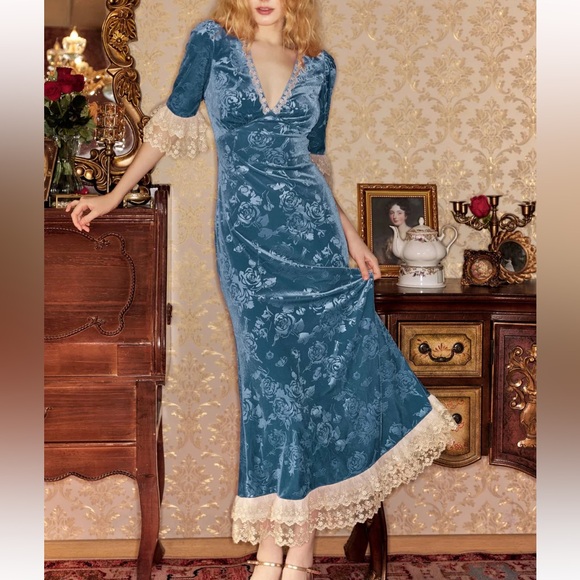 Lait Collection Dresses & Skirts - Lait Collection NWT Gwyneth Lace Velvet Maxi Dress in Lake Blue Large Coquette